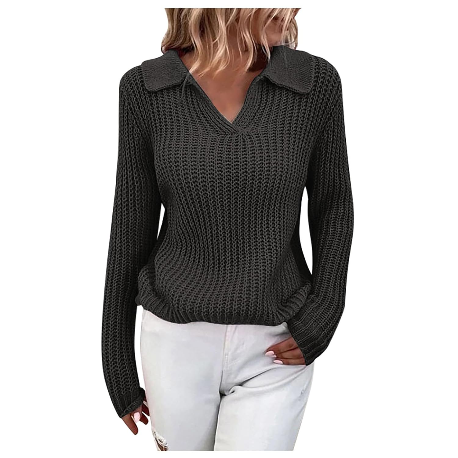 Womens Fashion Sweaters Solid Color Lapel Long Sleeve Stylish Versatile Pullover Sweater Top Comfortable