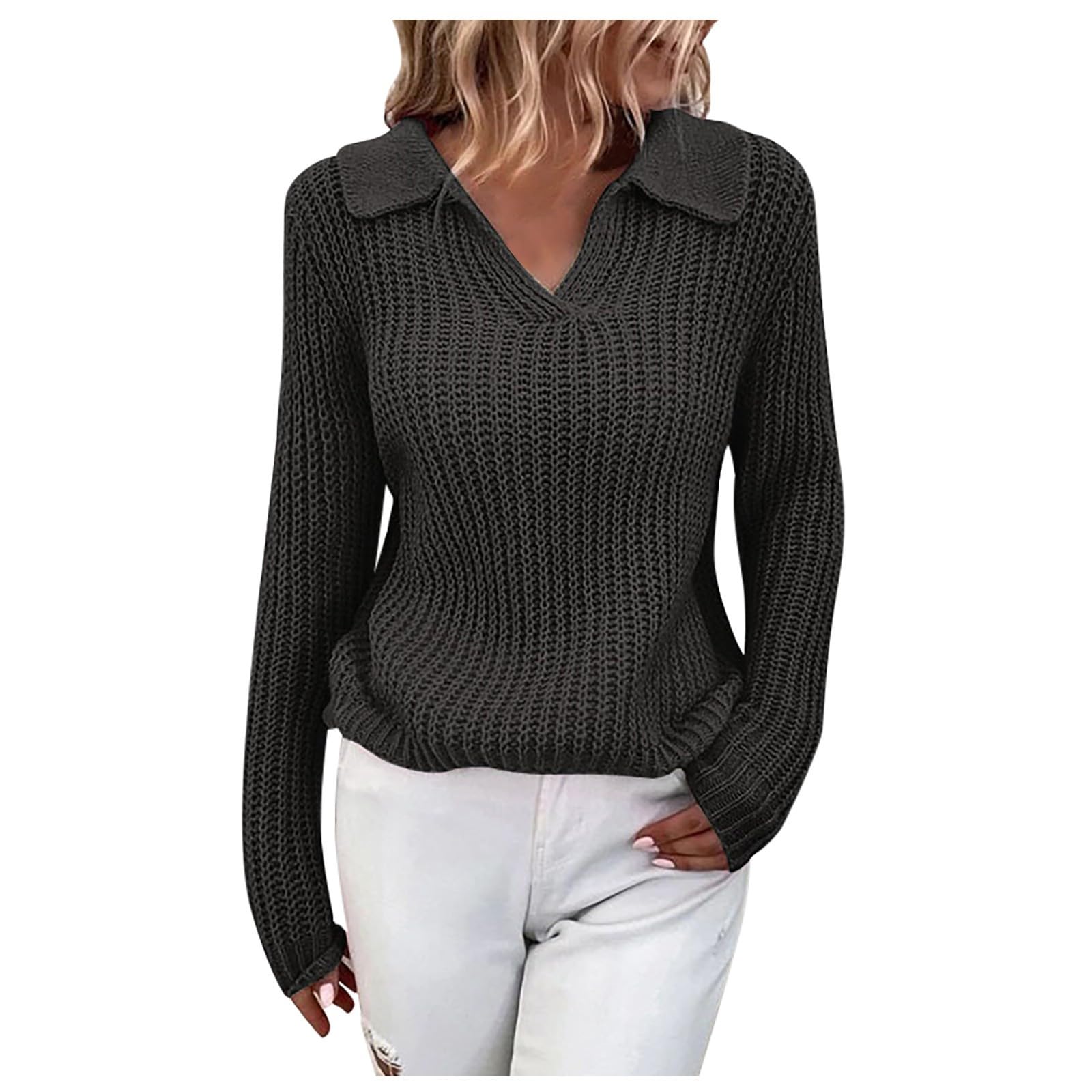 Womens Fashion Sweaters Solid Color Lapel Long Sleeve Stylish Versatile Pullover Sweater Top Comfortable