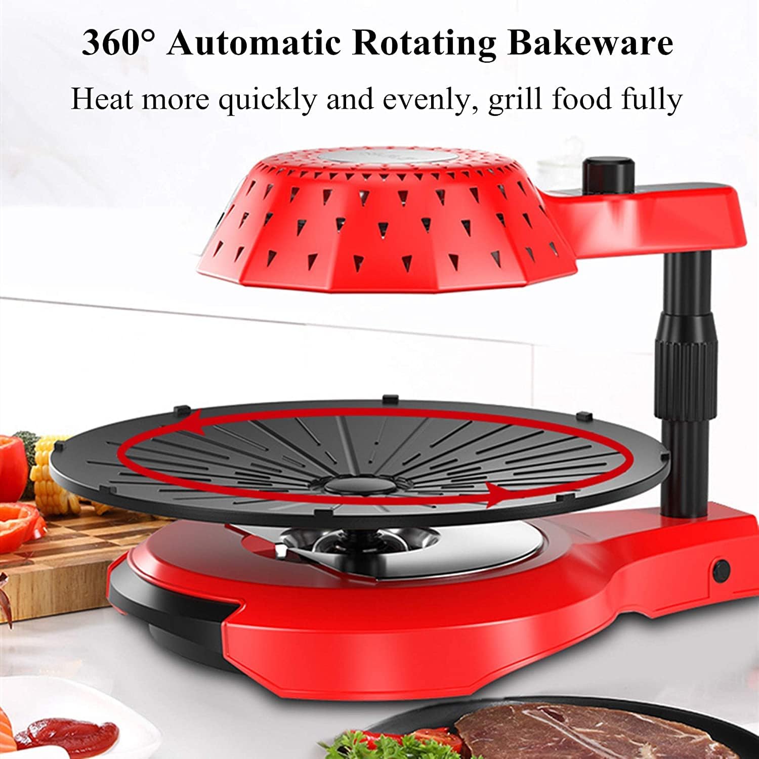 Safety Certification Electric Barbecue Grills 3D Infrared BBQ Grill 360° Rotating Barbecue 5-Level Firepower Control Smokeless Barbeque Grill Electric Searing Grill for Outdoor Indoor Red