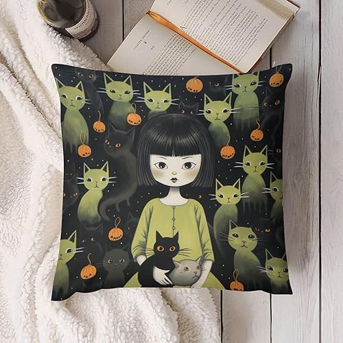 Miniatura 4 de Funda de cojín de 24 x 24 pulgadas, gatos negros y niñas, para exteriores, decoración moderna, decoración de Halloween, otoño, cojines decorativos