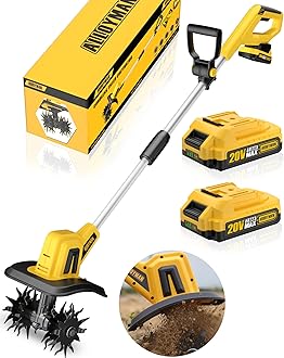 Alloyman 20V Cordless Tiller Cultivator, 360RPM Electric Garden Tiller, with 2 * 4.0Ah Batteries & Charger, 9In Tilling Width and 6.6In Depth Garden Rototiller for Lawn/Gardening/Soil Cultivation