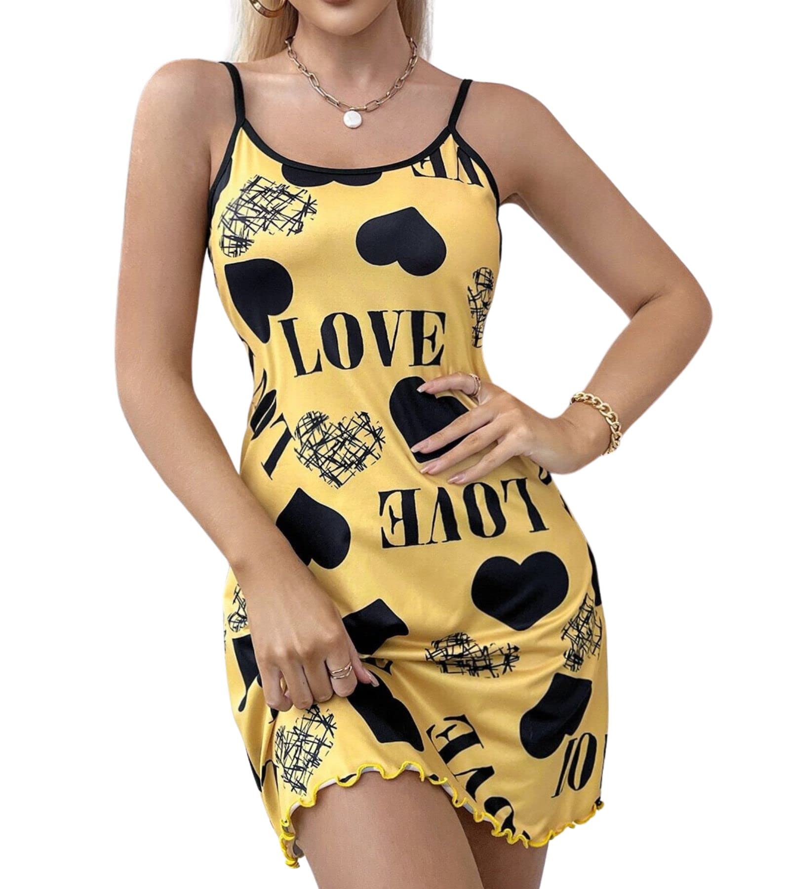 EVELUSTWomen's Heart & Letter Print Nightgown - Casual Pajamas Sleeveless Sleepwear Ruffle Hem Sleepshirt Soft Nightdress