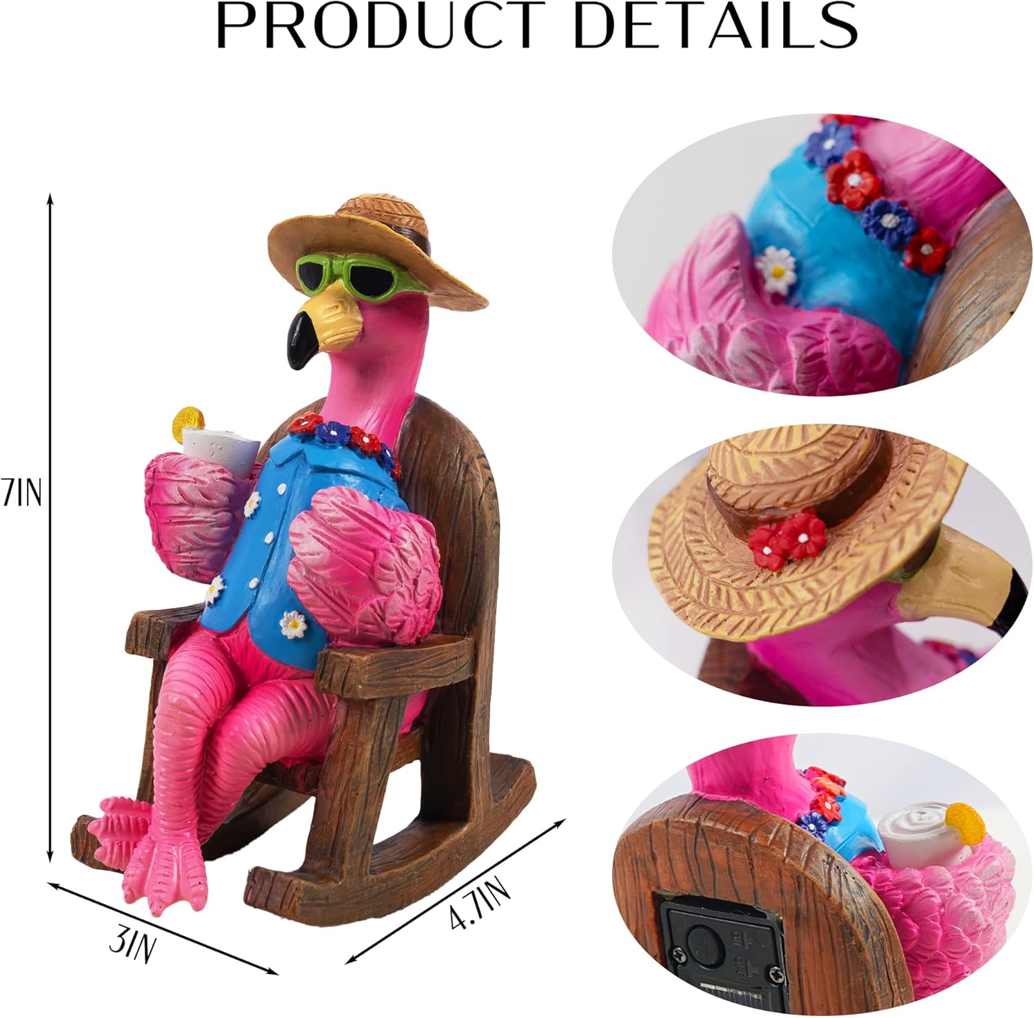 LIULO TOOL Solar Flamingo Figurines Garden Decor, Light Up Resin Flamingo Sitting on Chair Statue, Waterproof Outdoor Patio Sculpture, Cute Solar Powered Yard Decoration for Lawn Home Gift
