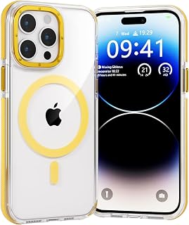BARALARIQIU Magetic - Funda para iPhone 13/iPhone 14, carga inalámbrica, policarbonato duro, antiarañazos, a prueba de golpes, transparente, color amarillo