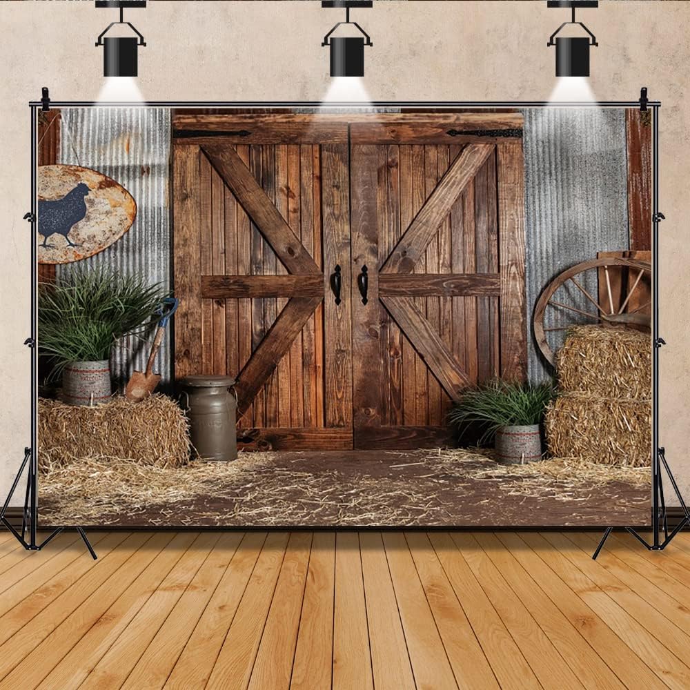 Renaiss 7x5ft Vintage Barn Backdrop for Photoshoot Kids Adults Portrait Haystack Potted Plants Wood Wheel Door Western Cowboy Photography Background Baby Shower Birthday Party Decor Photo Booth Props