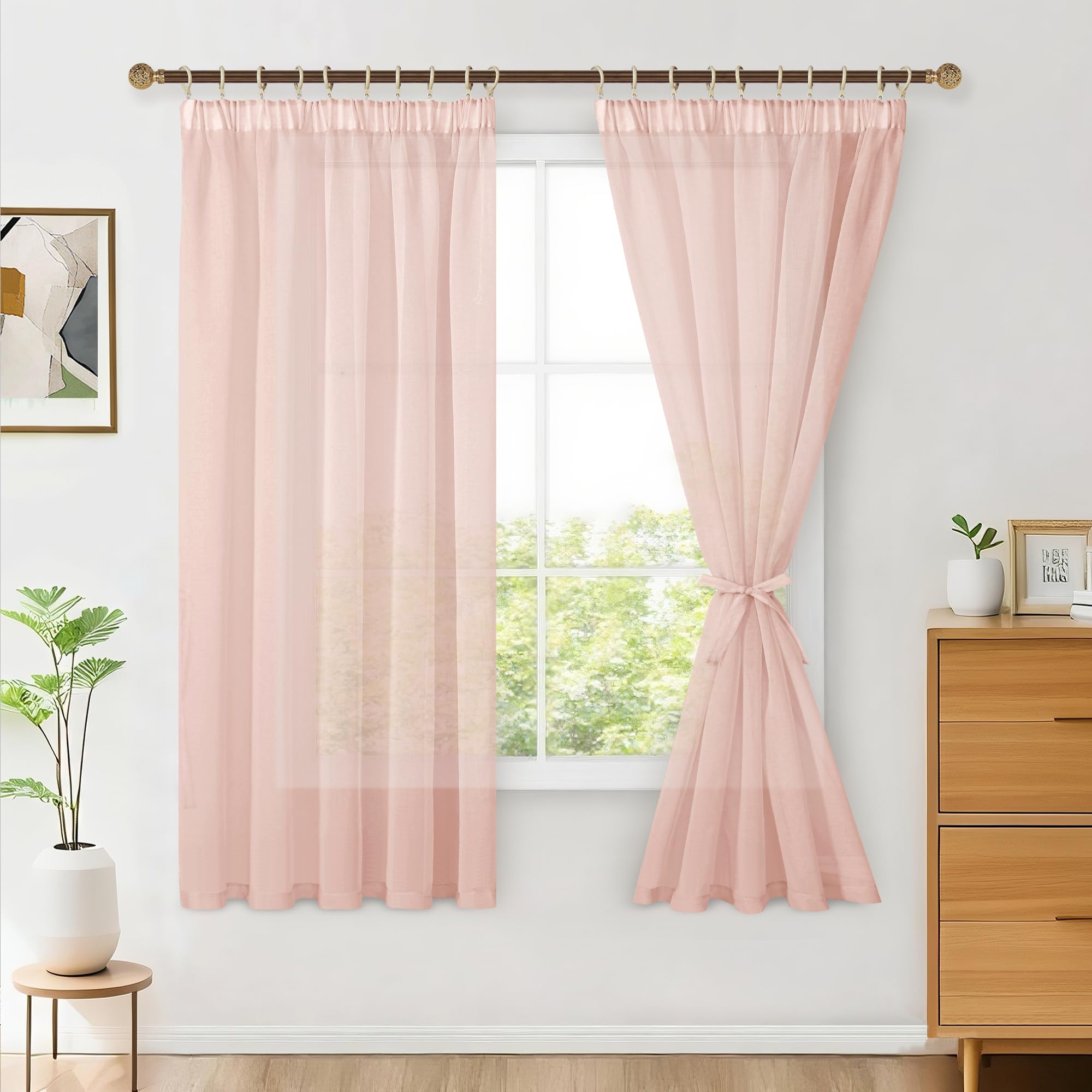 Hiasan 2er Set Sheer Voile gardinen vorhänge gardine Wohnzimmer mit Kräuselband Curtains scheibengardinen Vorhang Transparente Durchsichtig Luftig Dekoschal für Schlafzimmer 160x140cm(HxB) Rosa