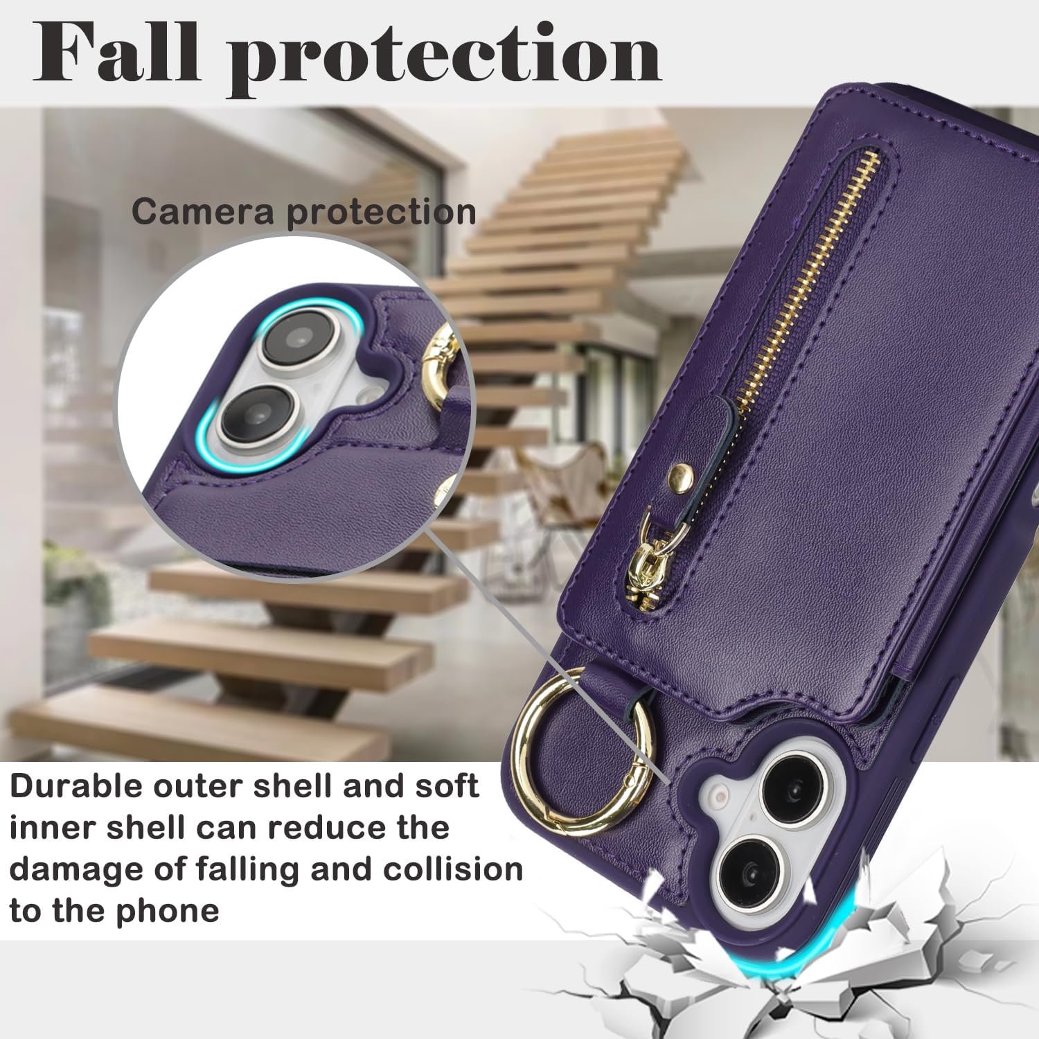 Ｈａｖａｙａ for iPhone 16 case Wallet with Card Holder for Women Men Shockproof Phone case with Keychain Ring Stand Leather Zipper Credit Card Slots-Deep Purple