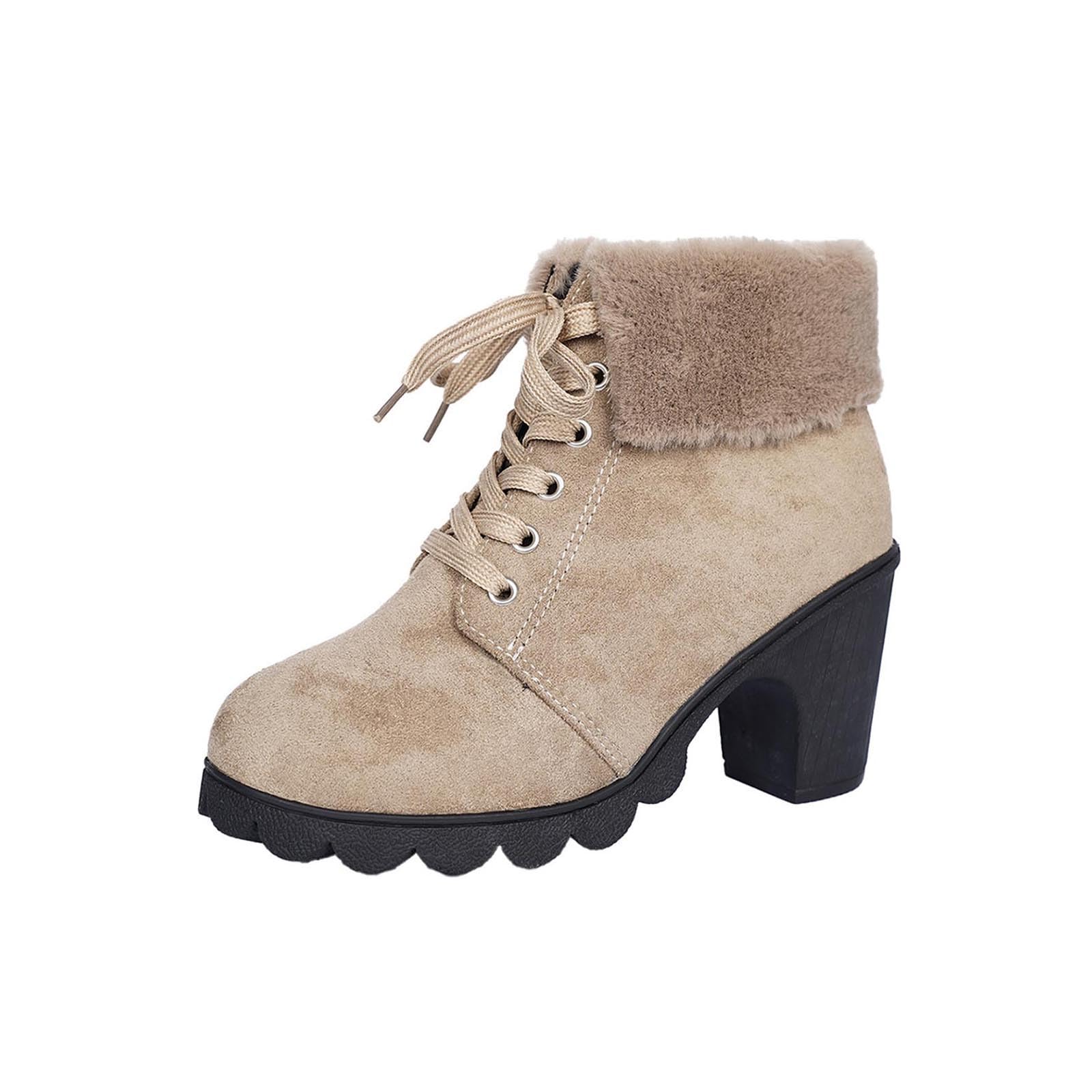 Lug Sole Chunky Heel Combat Ankle Boots for Women Lace Up Fleece Lined Ankle Boots Warm Casual Boot