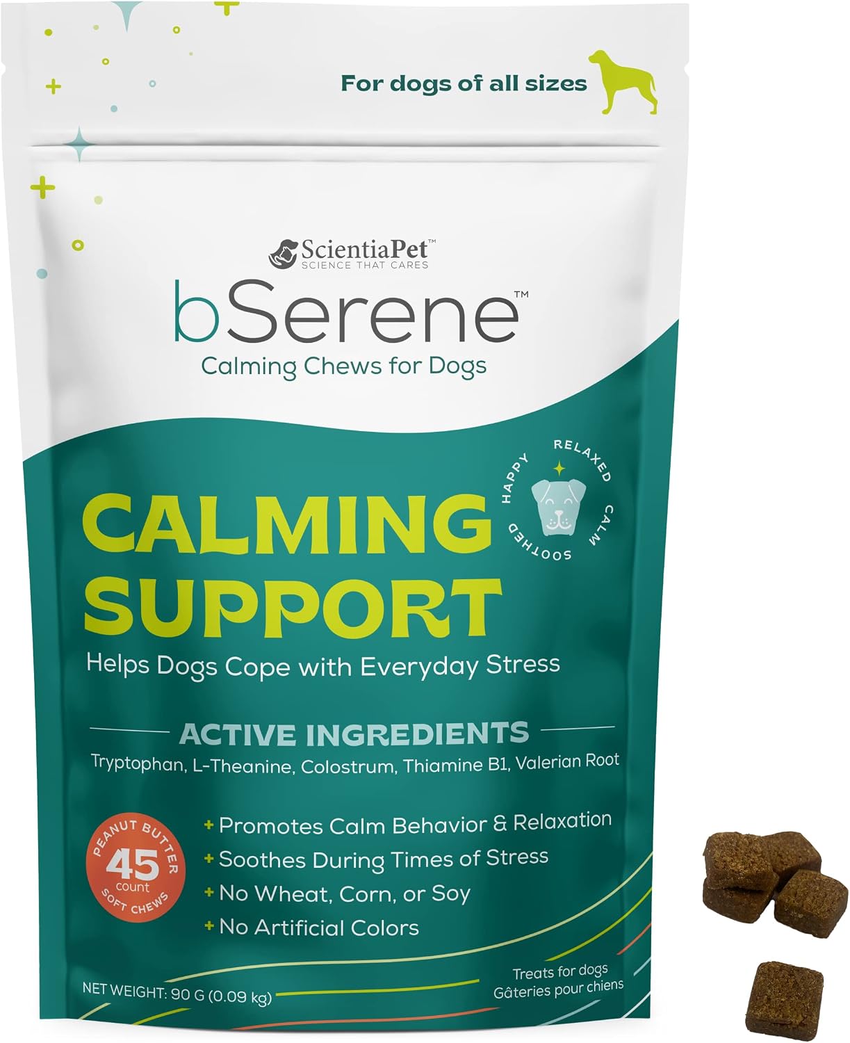 bSerene Calming Chews for Dogs – Helps with Everyday Stress Relief, Barking, Chewing, Thunder, & Fireworks – Soothing Treats with L-Theanine, Tryptophan, Valerian Root - 45 Count (1 Pack) Brown-520200