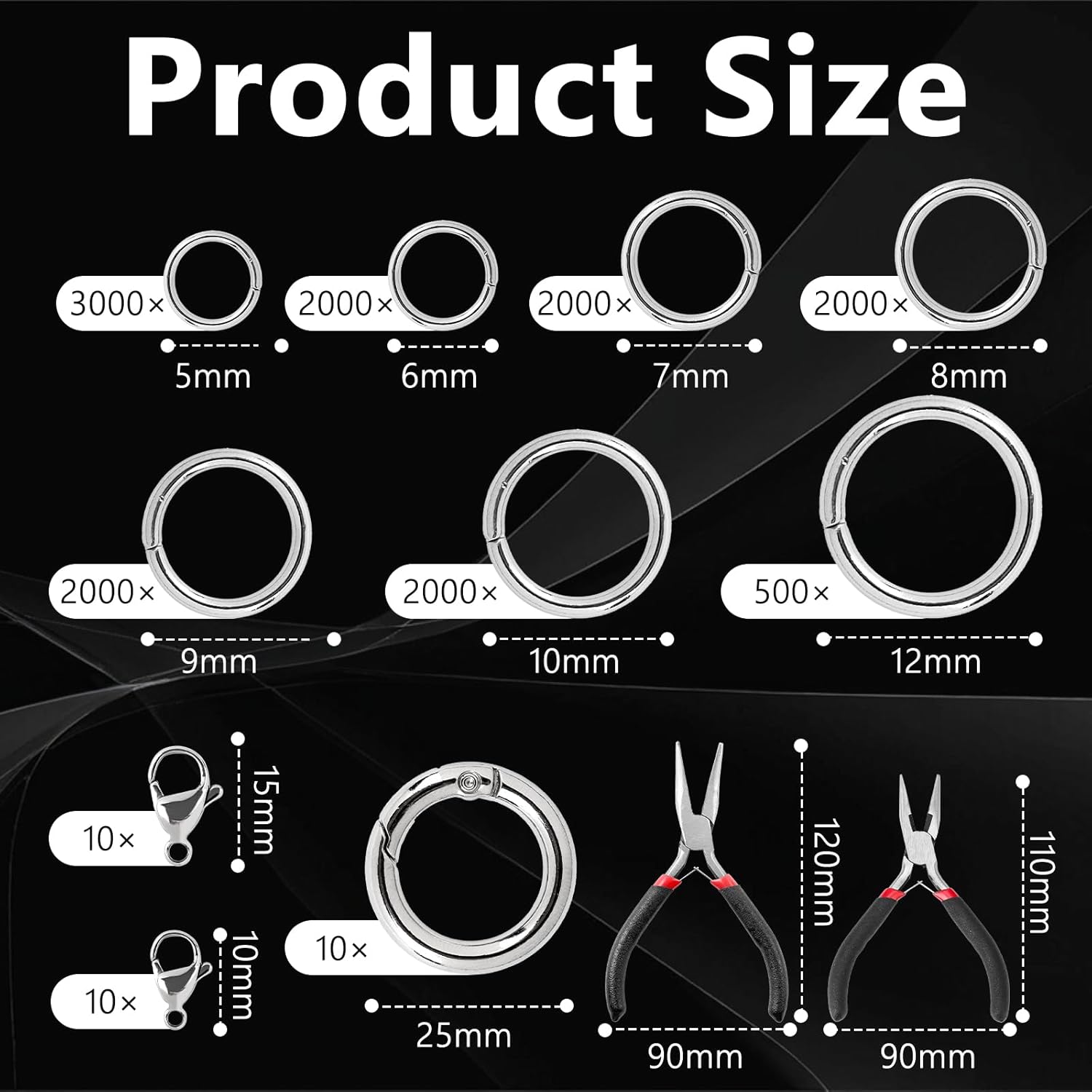 12500+ Pcs Chainmail Kit Stainless Steel Chainmail Jump Rings Bulk Chainmail Rings 5/6/7/8/9/10/12mm-OD 2 Handmade Pliers 20 Lobster Clasps 10 Spring Rings with 24 Chainmail Braiding Tutorials