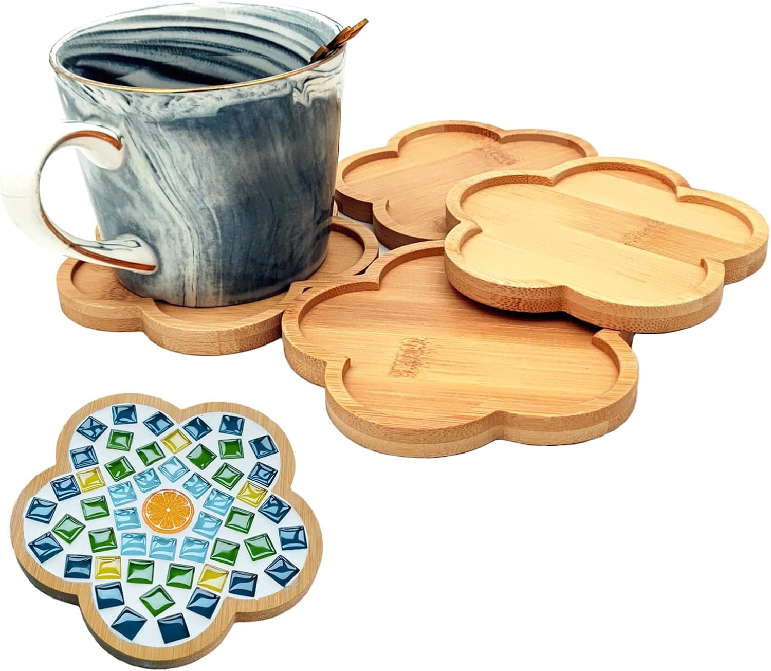 4PCS Mosaic Bamboo Coasters for Crafts, Blank Base Trays, Drinking Cup Coaster, Plant Coaster, Art Plate,DIY Mosaic Supplies (Flower)