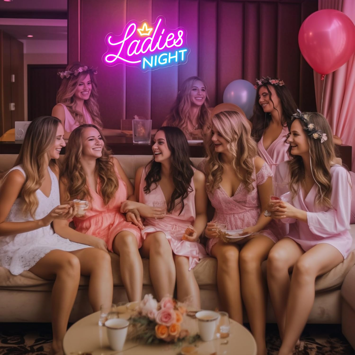 Ladies Night Pink Neon Sign for Wall Decor, Girls Night Out Themed Neon Light Sign, 10Ft Girl Party Neon Light Up Signs for Dinner Party,Wine Bar,Singles Night With Dimmer (Pink and blue ladies night)