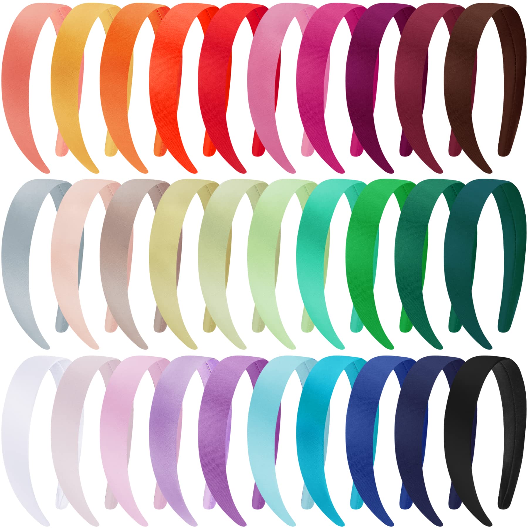 Duufin 30 Pieces Satin Headbands Girls 1 Inch Headband Crafts DIY Colored Plain Headbands for Girls and Women