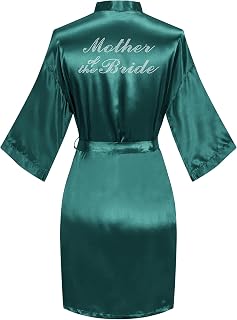 Women's Satin Robe Short Kimono for Bride & Bridesmaid with Silver Rhinestones, Wedding Party Robes