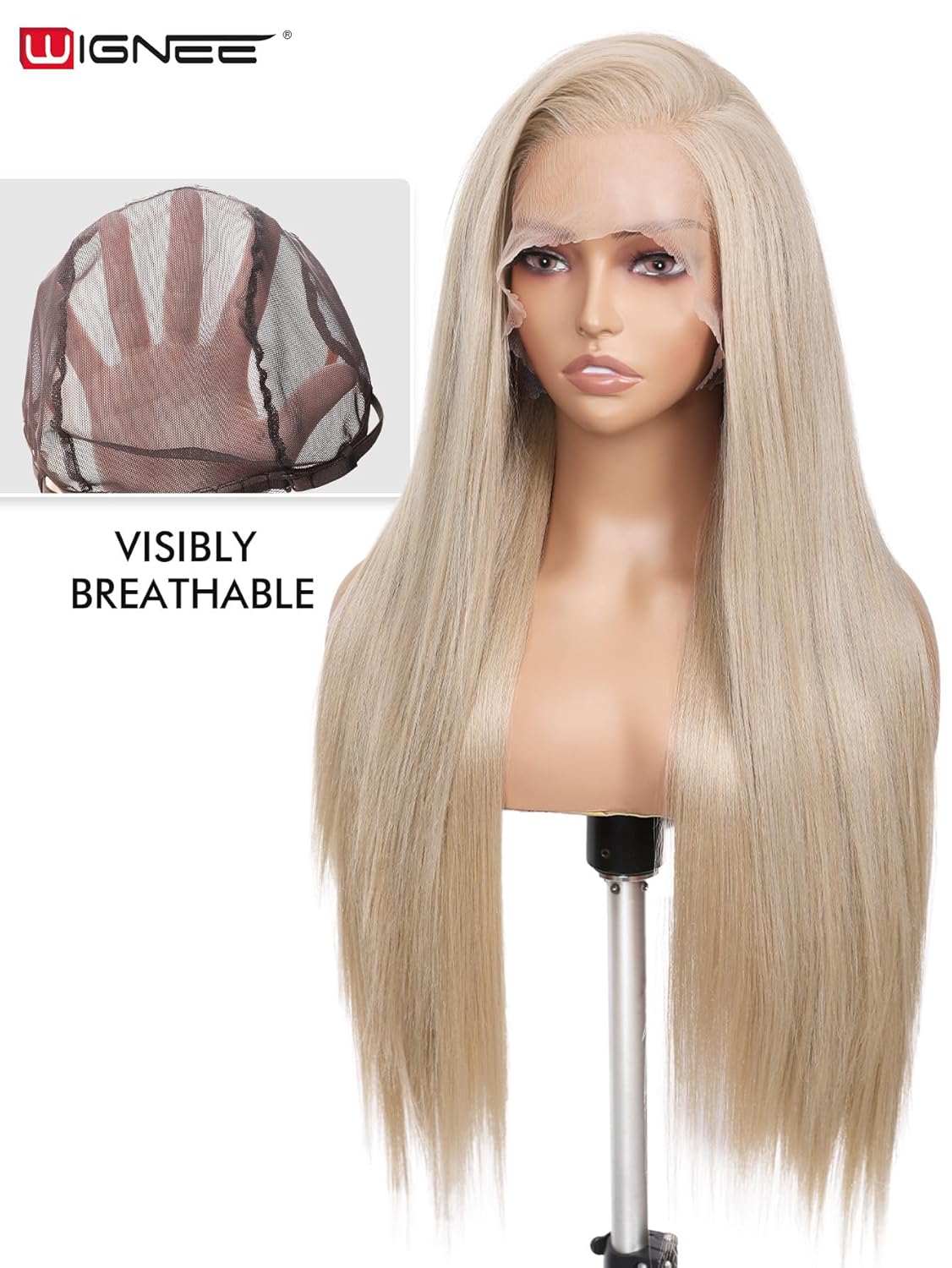 WIGNEE 13x6 Synthetic Lace Front Wig 28" Ash Blonde Wig Pre-Plucked Handmade Lace Front Wigs with Kanekalon Futura Hair Voluminous Long Straight Synthetic Wigs for Daily Party Use