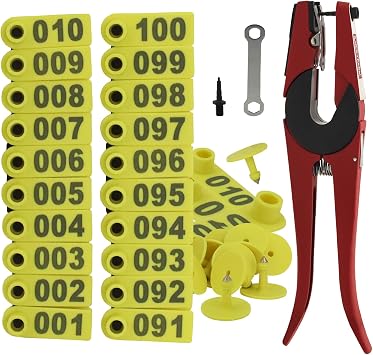 Livestock Ear Tag Pliers Tool, 001-100 Number Plastic Tags Sheep Ear Tag, with Spare Pins Ear Tag Applicator for Sheep Pig Livestock Dog Animal Deer Farm Horse Cow Cattle Yellow