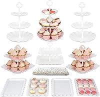 NWK 10-Piece White Cake Stand Set: 6 Tiered Cupcake Stands, 4 Appetizer Trays & Tablecloth for Party Dessert Tables