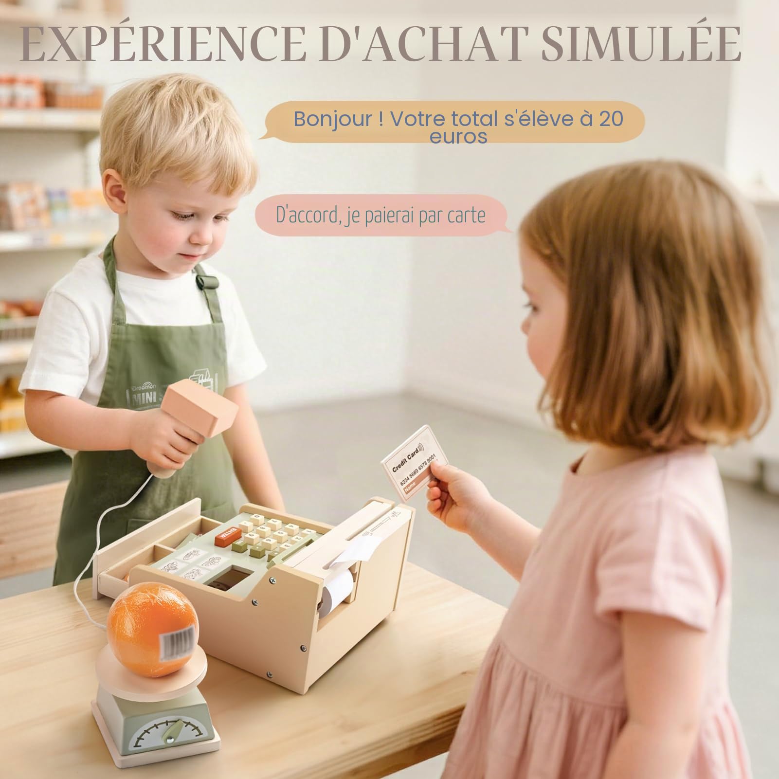 Dreamon Caisse Enregistreuse Enfants Bois, Marchande Enfants Jouet avec Scanner Tablier de Courses, Cadeaux de Noël pour Garçons Et Filles Âgés 3 4 5 6 Ans