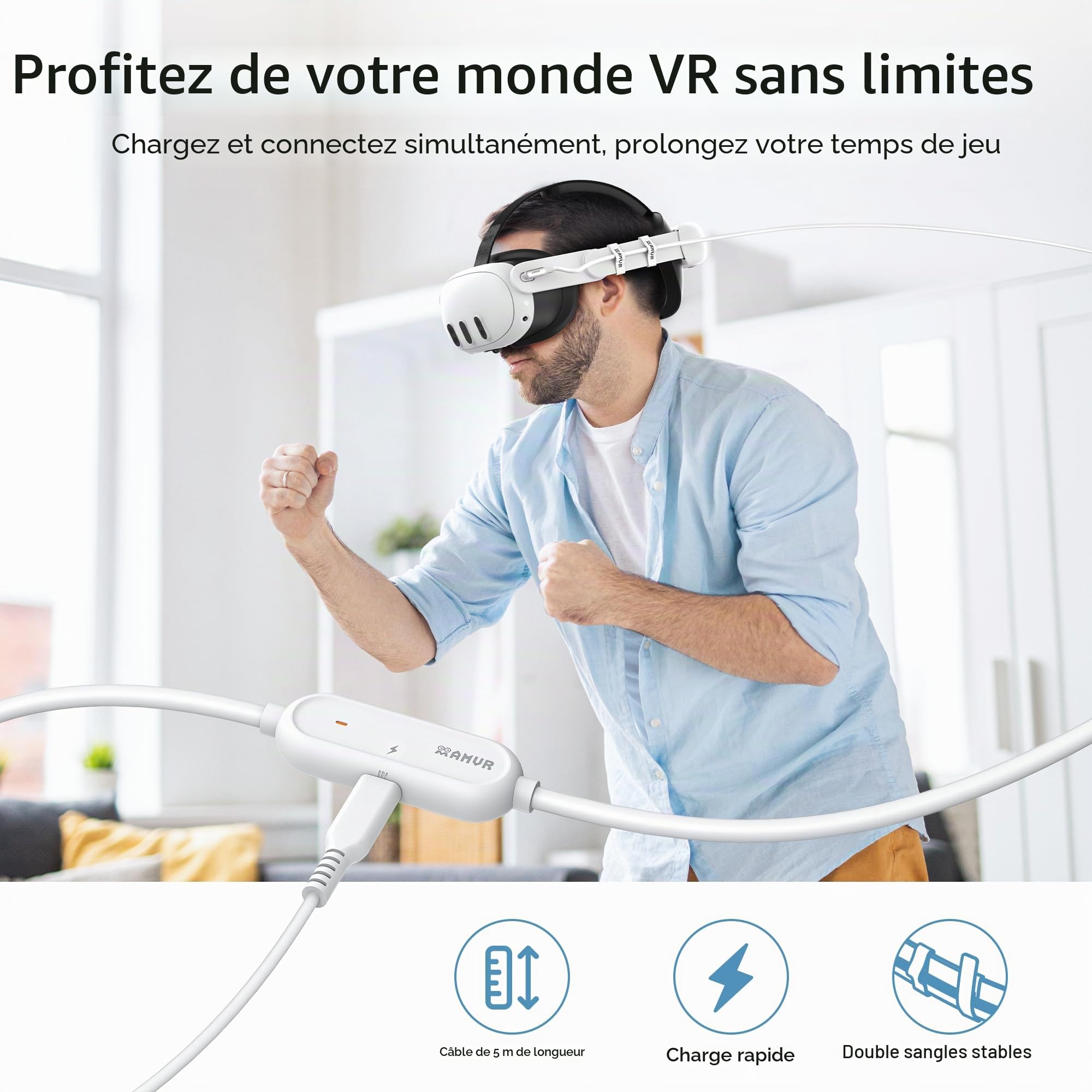 AMVR 16FT (5 m) Câble de liaison de recharge Accessoires compatibles avec Meta Quest 3/3S - Câble de données avec port de recharge rapide séparé, transfert haut débit max. 5 Gbps vers PCVR/SteamVR