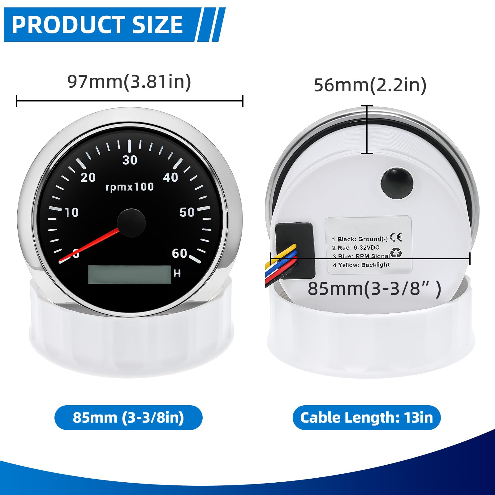 Compte-tours 85 mm 0-6000 tr/min étanche avec compteur d'heures de fonctionnement rétroéclairage 7 couleurs pour voiture, bateau, camion, moteur diesel et essence