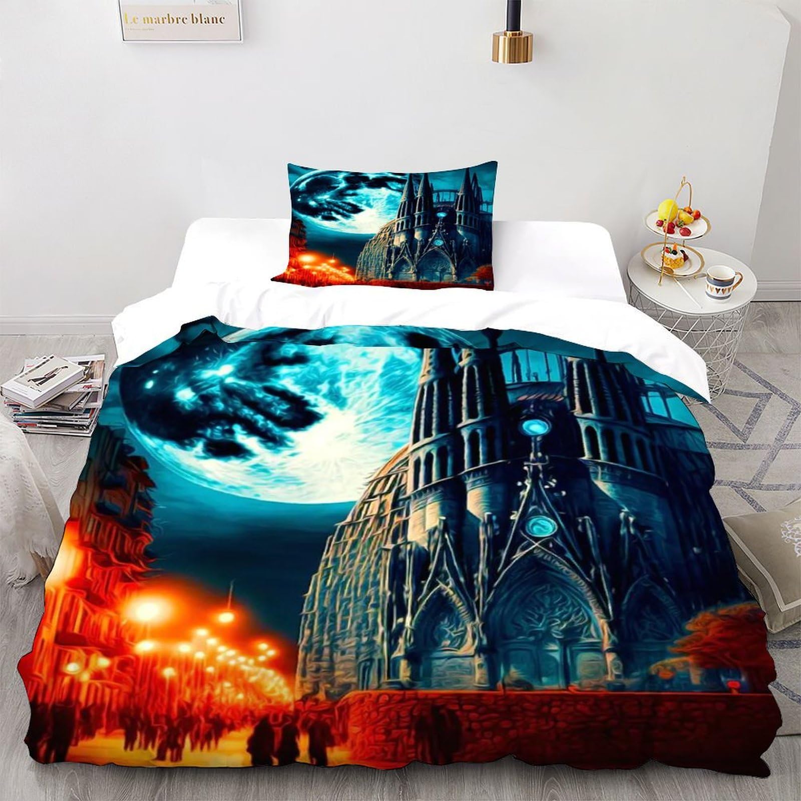 Giant Moon Gothic Bedding Set 3D Design Animal Theme Wildlife Duvet Cover Set Chic Breathable Comforter Cover Suitable for Family,couple,children Pillowcase Single（135x200cm）