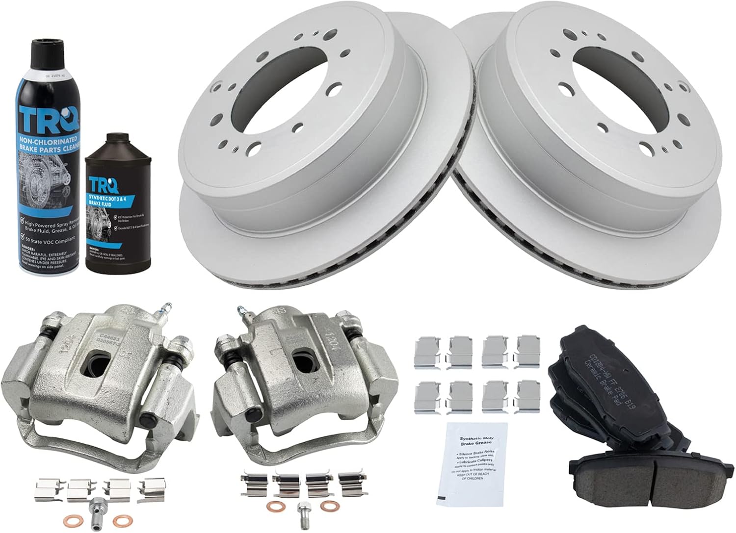 TRQ Rear Brake Pad & Rotor Kit Brake Caliper Brake Chemical Kit Brake Pads Brake Rotor Ceramic Premium G-Coated Compatible with 2008-2015 Toyota Sequoia 2007-2015 Tundra