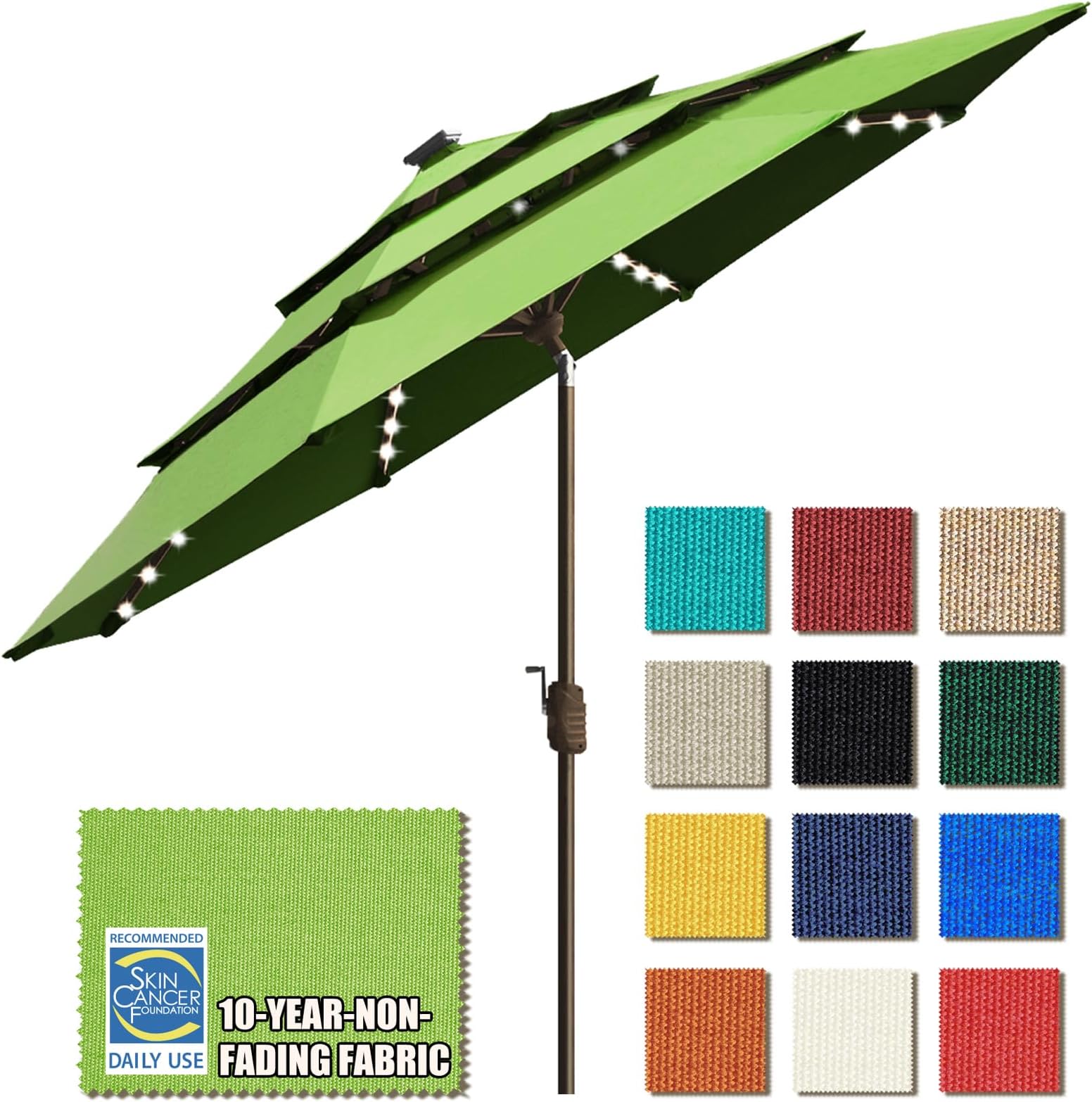 EliteShade USA 10-Year-Non-Fading Solar 9ft 3 Tiers Market Umbrella with 80 LED Lights Patio Umbrellas Outdoor Table with Ventilation,Macaw Green