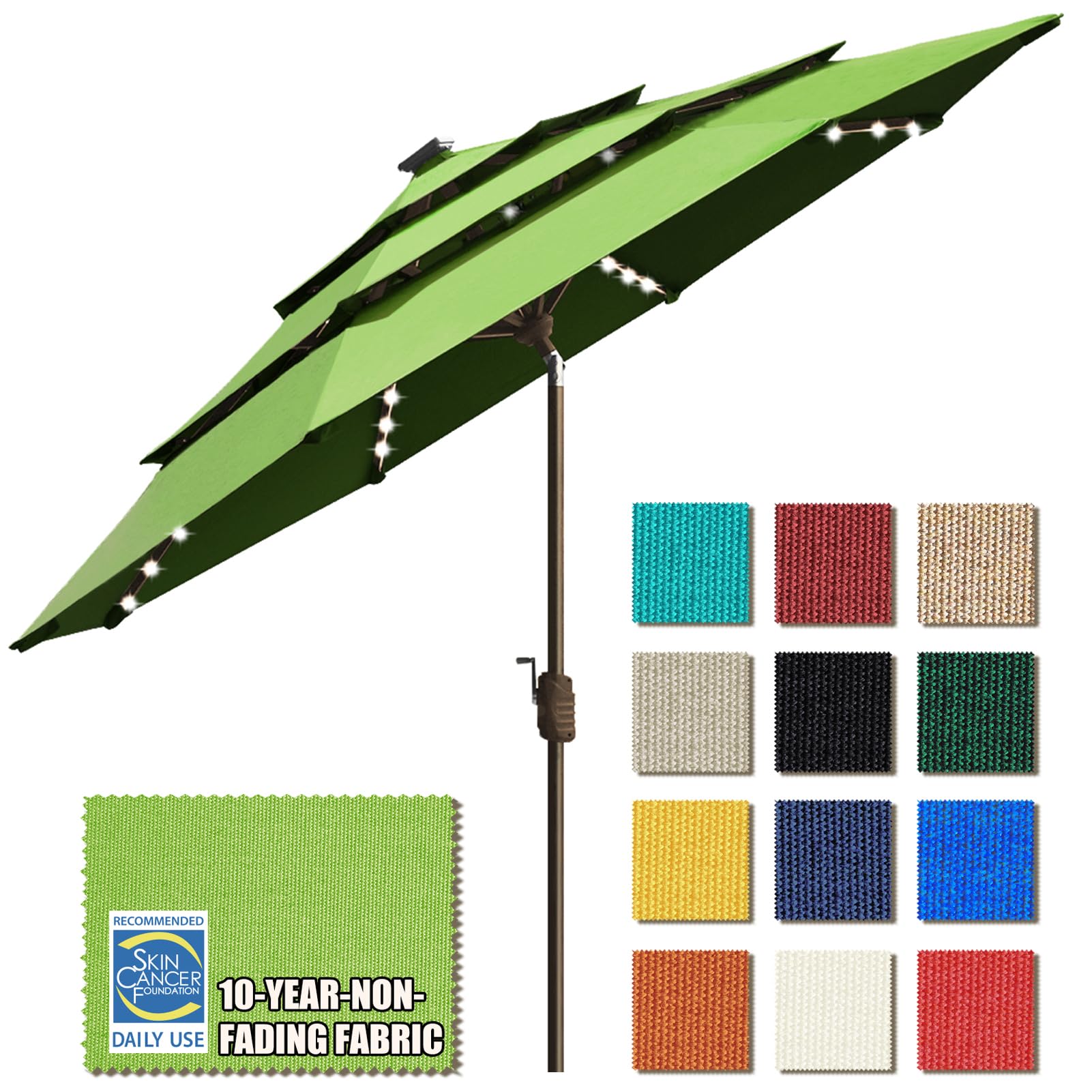 EliteShade USA 10-Year-Non-Fading Solar 9ft 3 Tiers Market Umbrella with 80 LED Lights Patio Umbrellas Outdoor Table with Ventilation,Macaw Green
