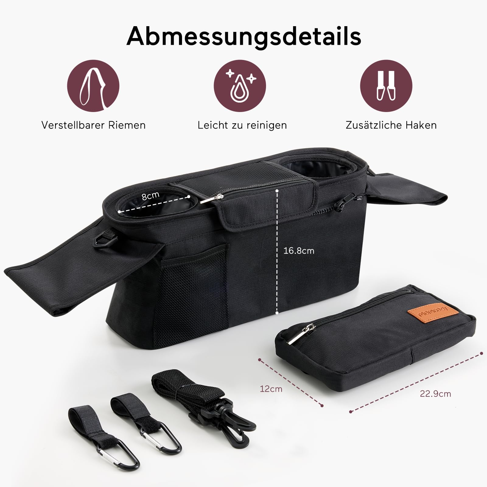 Kinderwagen Organizer Universal mit Isolierten Getränkehalter/Becherhalter, Momcozy Buggy Kinderwagentasche Baby Zubehör mit Reißverschlusstasche, Schultergurt und Stauraum für Windeln&Handys, Schwarz