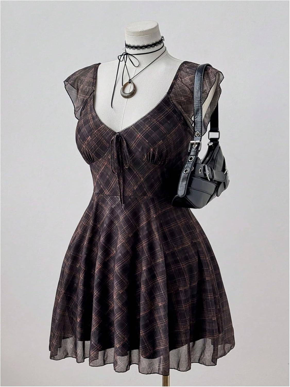 Women's Plus Size Plaid Mini Dress Vintage Gingham Cap Sleeve Flared A Line Dresses - Image 4