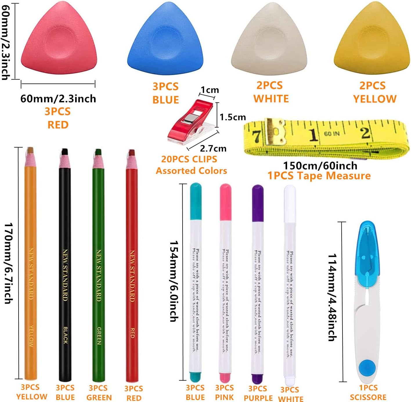 YEQIN 56Pcs Sewing Tools Kit, 10Pcs Tailor's Chalk, 12Pcs Sewing Mark Pencil, 12Pcs Disappearing Erasable Ink Fabric Marker Pen, 20Pcs Sewing Clips, 1Pcs Tape Measure,1Pcs Scissors for Sewing Marking
