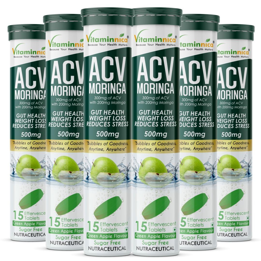 Vitaminnica ACV Moringa Effervescent Tablets To Control Cravings | Reduces Stress, Gut Health, Weight Loss | Sugar Free | 15 Tablets Each (Pack of 6, Green Apple)-image-25