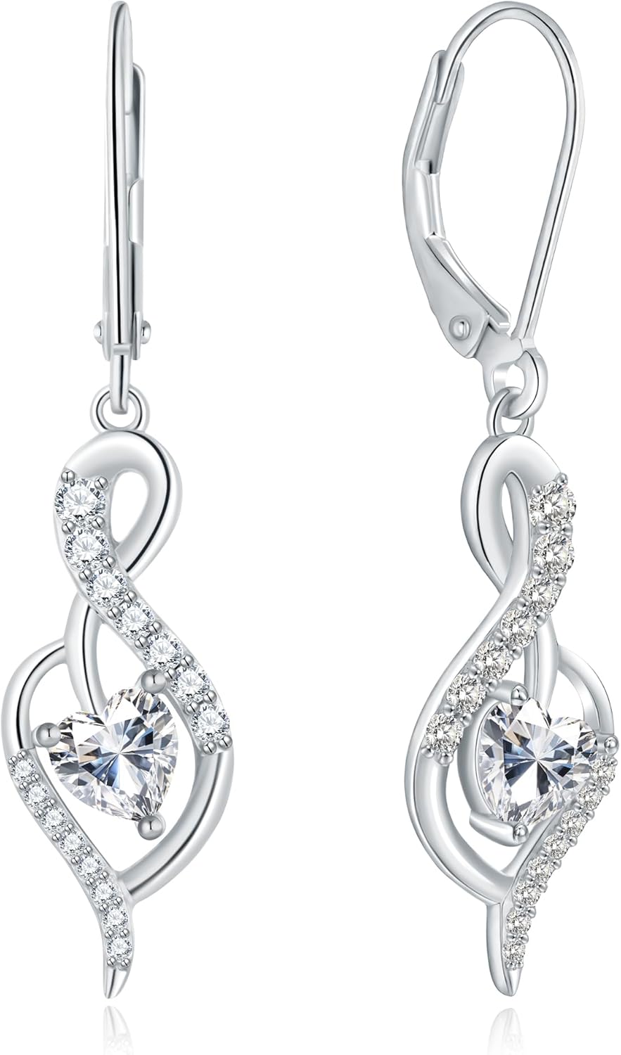 Infinity Heart Dangle Drop Earrings for Women, 925 Sterling Silver Birthstone Leverback Earrings, Birthday Anniversary Valentines Day Jewelry Gifts for Women Mom Her
