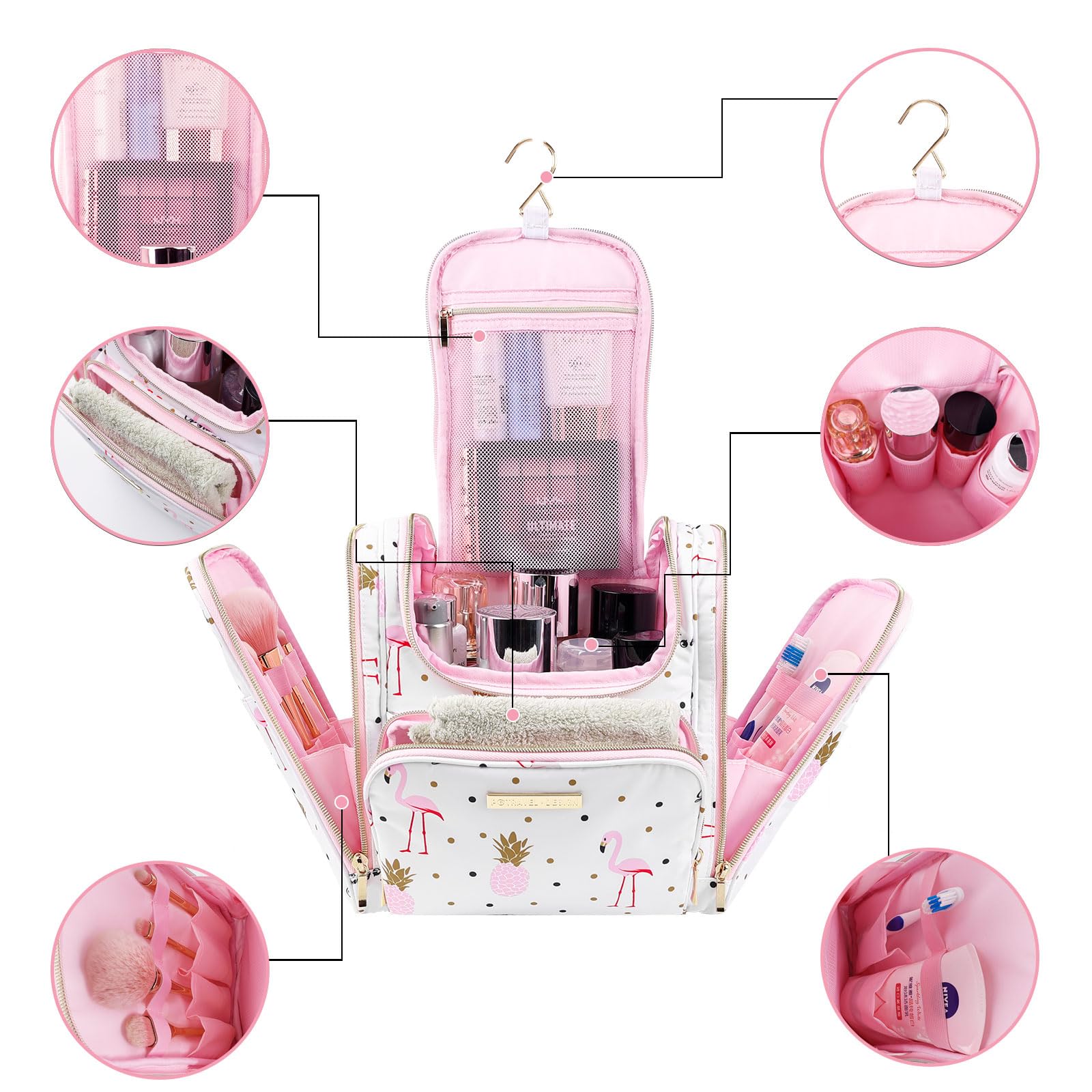 Beauty Case da Viaggio per Donne, Lychii Borsa da Toilette Con Gancio, Impermeabile Trousse Trucchi Cosmetici Organizer - Fenicottero
