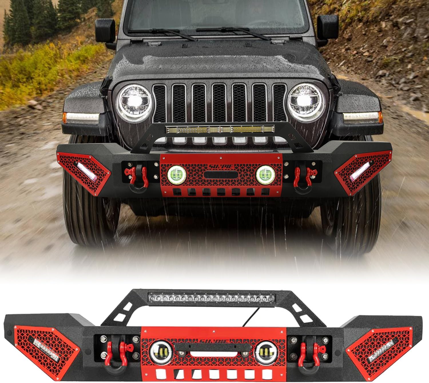 SUNPIE Front Bumpers Compatible with Jeep Wrangler JK/JKU/JL/JLU & JL 4XE 2007-2026, Jeep Gladiator JT 2019-2026, w/Winch Plate, Sensor Hole, License Plate, Textured Black, Including Manuals