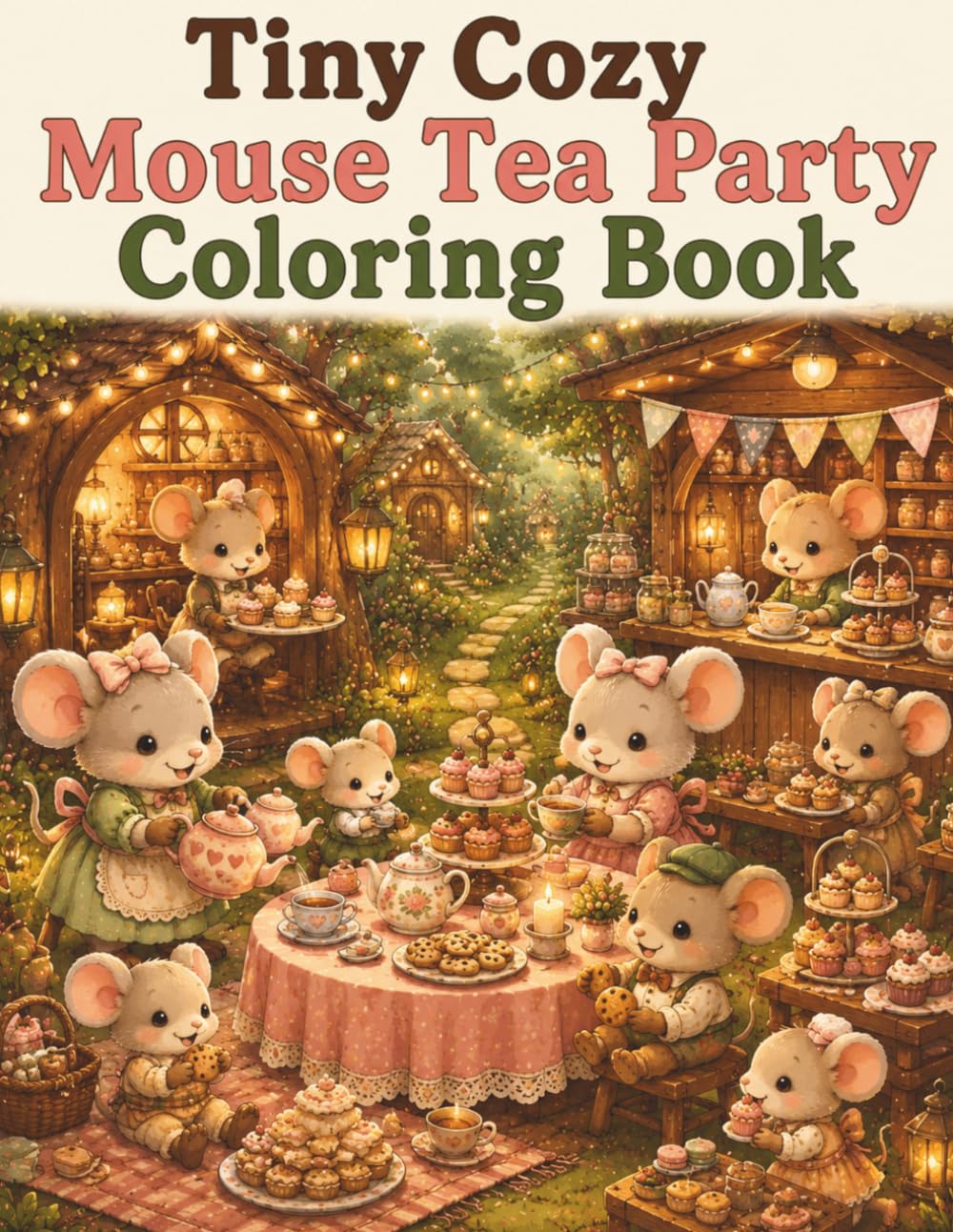 Tiny Cozy Mouse Tea Party Coloring Book: Cute and Easy Mouse Coloring Pages with Tea Parties, Sweet Treats, Cozy Cottagecore Gatherings, Tiny Woodland Cafes and Relaxing Scenes for Adults and Teens