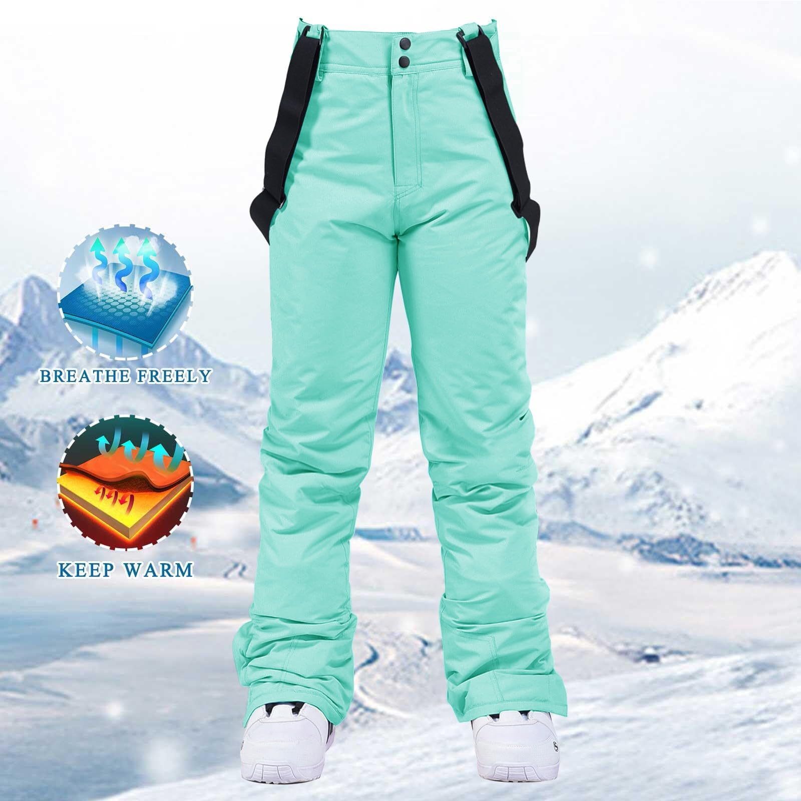 Pantalon de ski à jambe fine pour femme - Pantalon résistant à la neige - Taille réglable et bretelles amovibles - Pantalon de ski d'hiver imperméable et thermique - Salopette d'extérieur