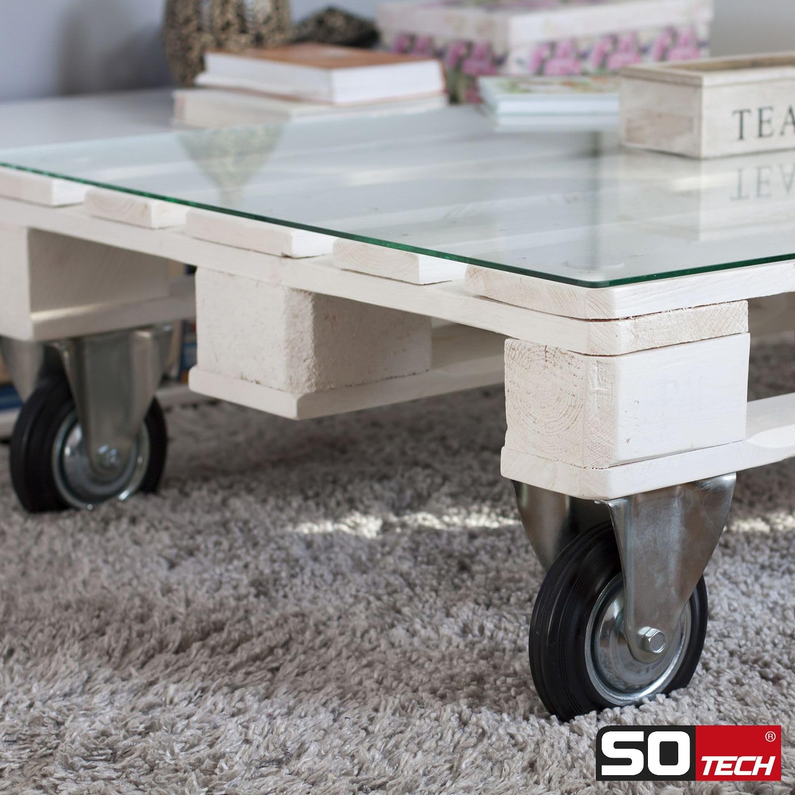 4er SET SOTECH Transportrollen RED Ø 200 mm Traglast bis 440 Kg | (2x Bockrollen, 2x Lenkrollen mit Bremse) Höhe 232 mm, Anschraubplatte 130 x 102 mm Transportlenkrolle