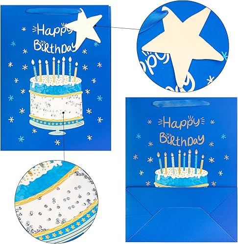 Miniatura 4 de LeZakaa Bolsa de regalo de cumpleaños de 13 pulgadas, bolsa de regalo mediana azul con papel de seda, etiqueta de regalo y tarjeta, patrón de pastel