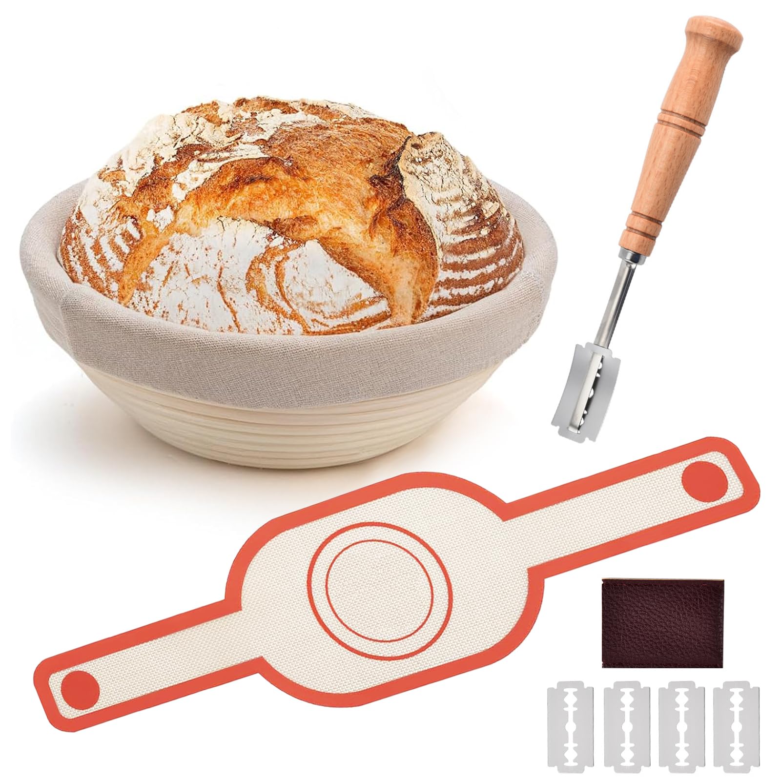 Cesta Banneton de 9 pulgadas con kit de raspadores y tapete de silicona para pan