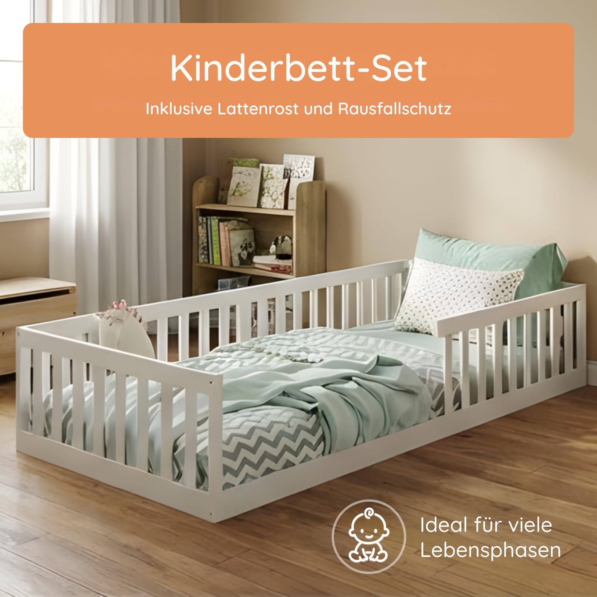 Kids Collective Kinderbett Bodenbett 90x200 cm mit Rausfallschutz & Lattenrost Montessori Bett Bed Gitterbett Kinder Jugendbett Einzelbett | Weiß | weitere Größen 120x200 140x200 cm