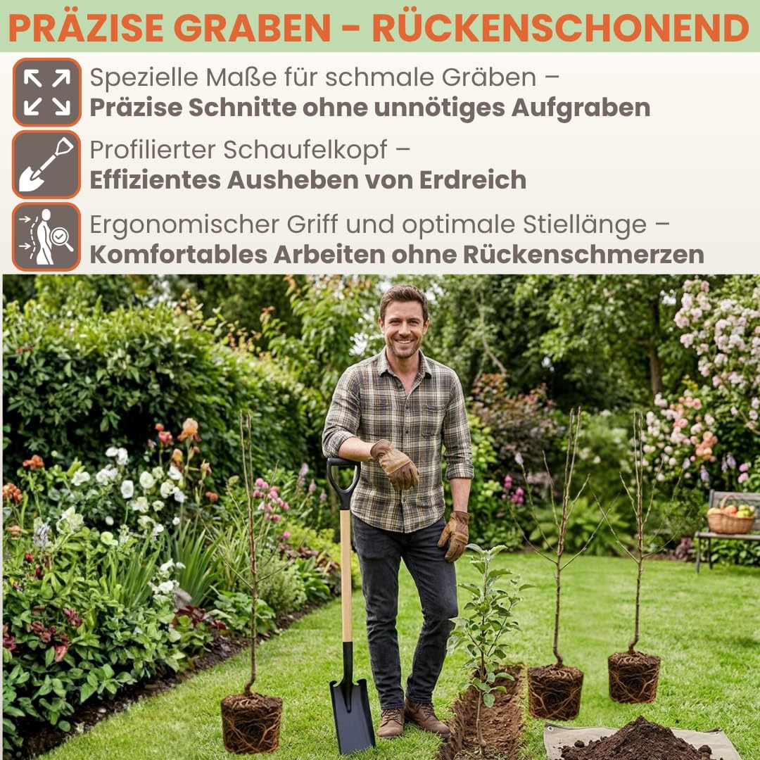 Grabenschaufel Schmal | Mit Holzstiel & D-Griff | Komfortable Gesamtlänge 130 cm | Drainagespaten Kabelspaten für präzise Gräben