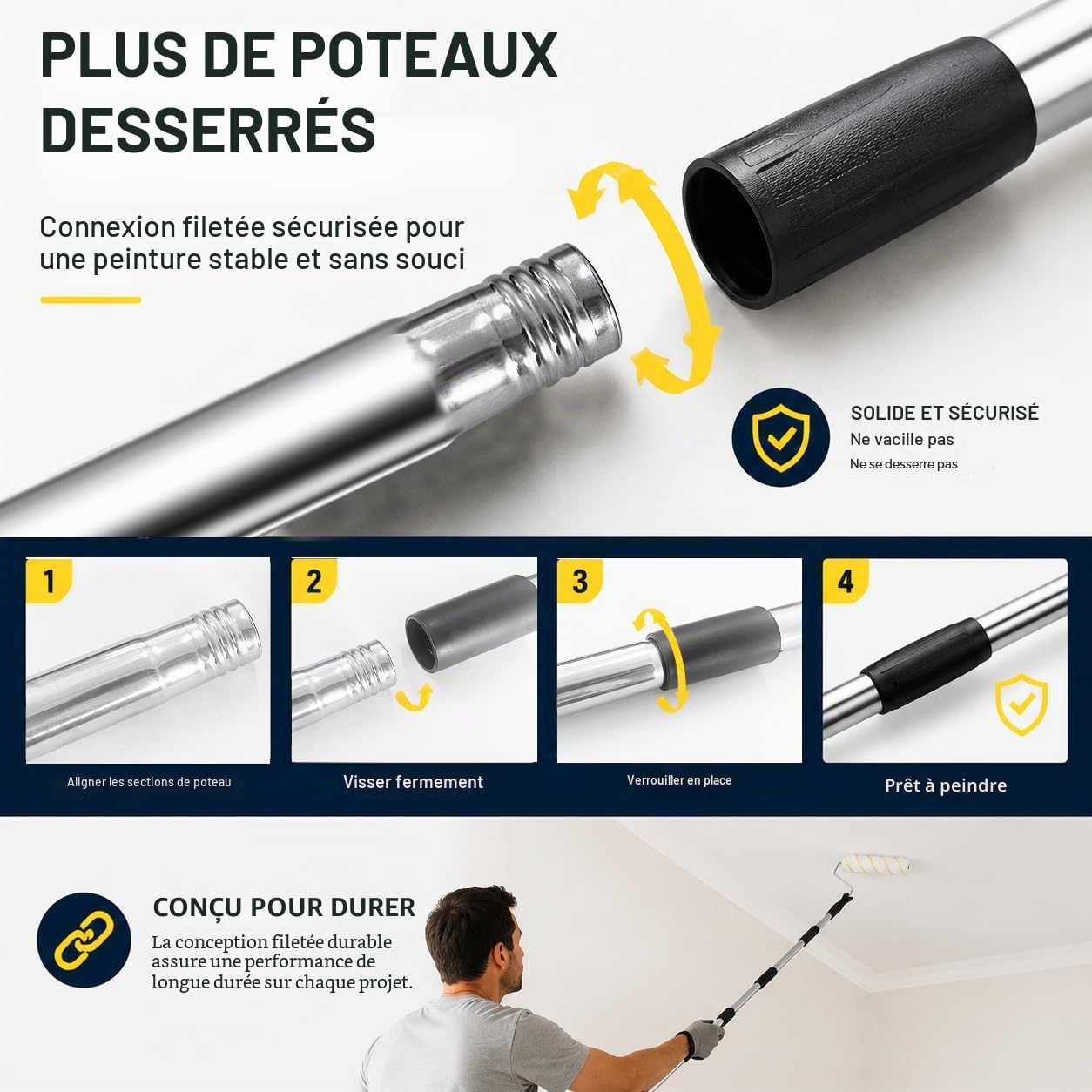 Rouleau de Peinture avec Manche Amovible étendu, Long Outil de Peinture Murale Domestique, Pinceau Mural pour Murs et plafonds (Rouleau de Peinture Le kit)