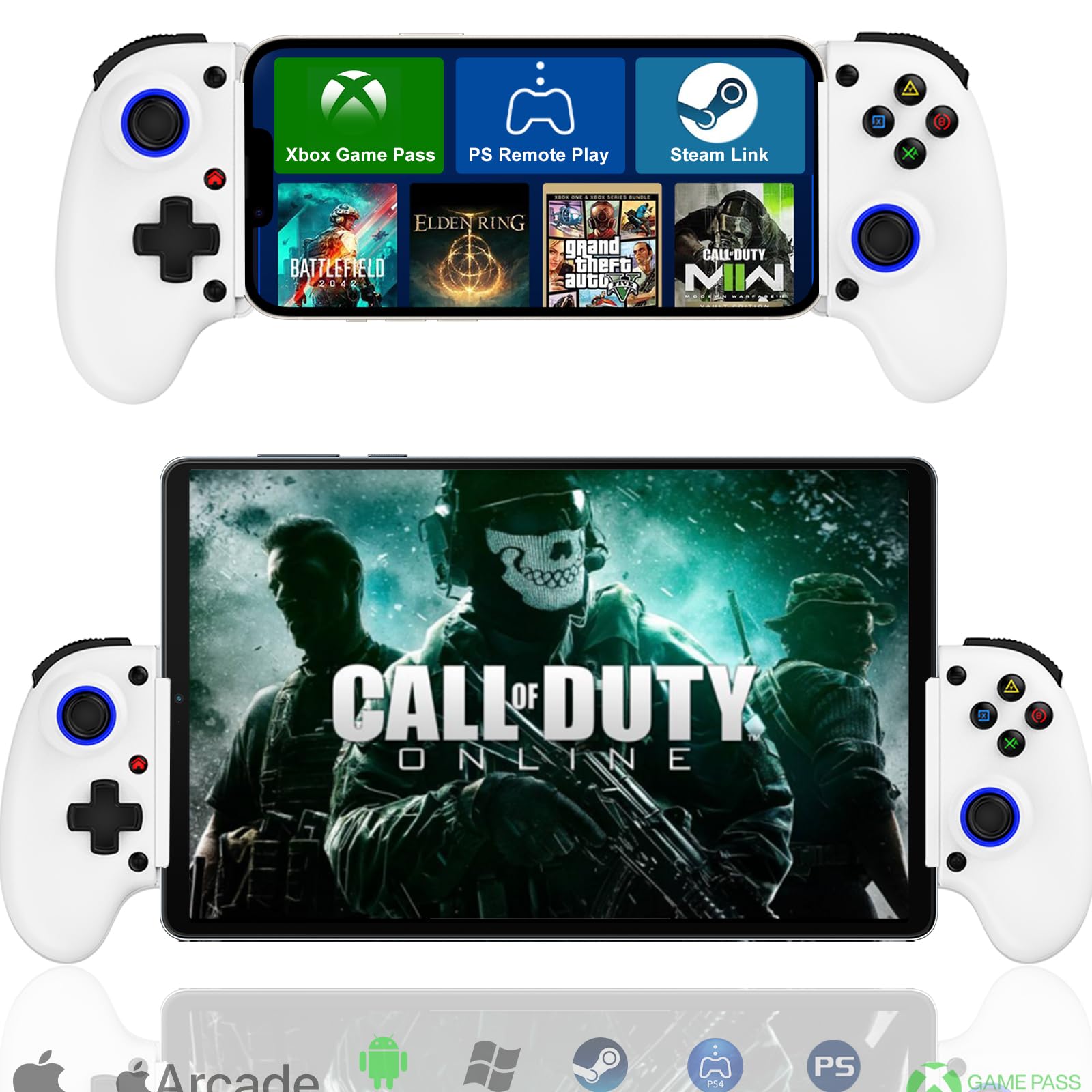 Megadream Mobile Gaming Controller for iPhone/Android - iPad/Tablet - Cloud Game - NS-Switch/PS4 - Turn Your Phone into a Gaming Console - PS5/Xbox Remote Play Streaming, Call of Duty, Diablo, White