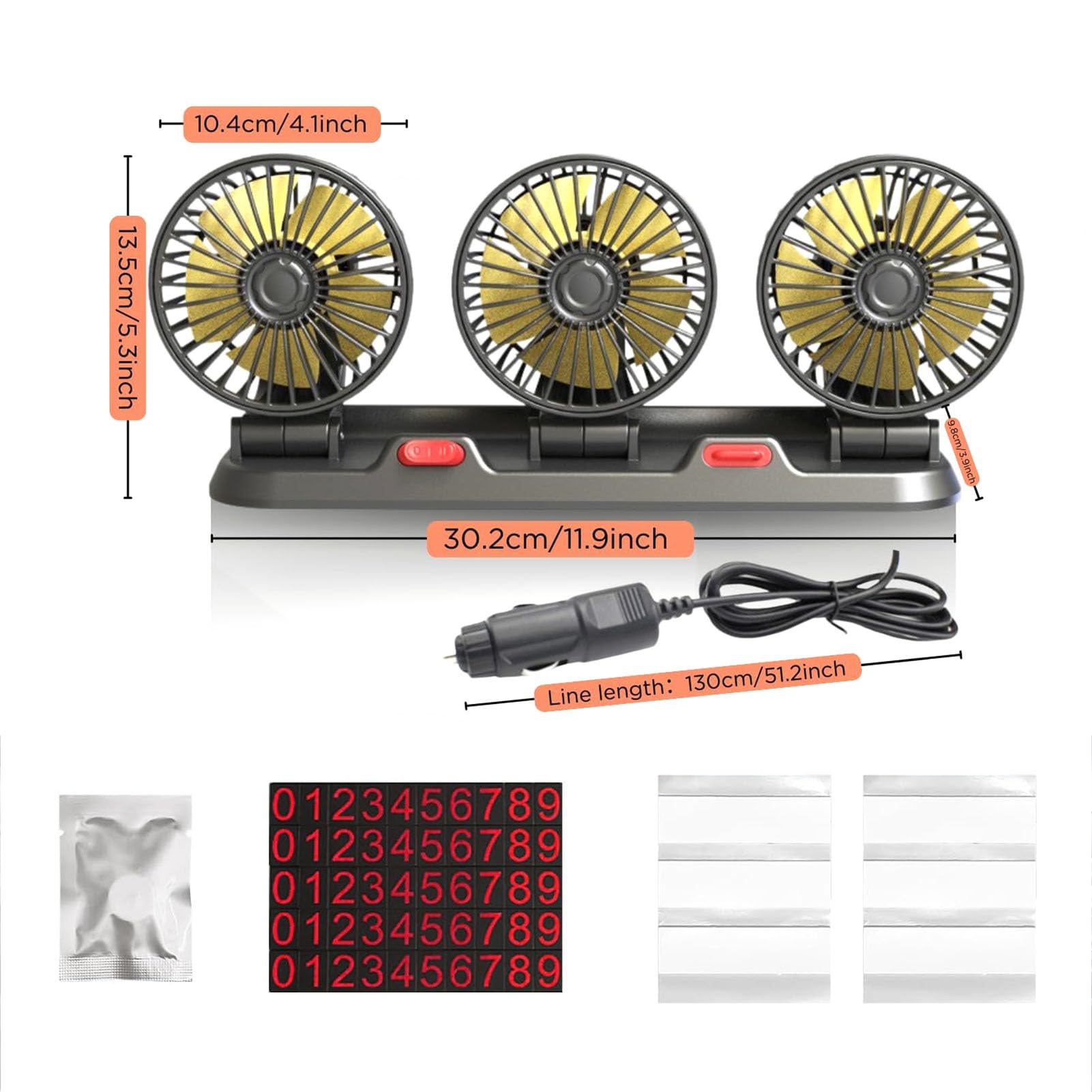 Ventilatore per auto, a tre teste per sedili posteriori, ventola di rotazione a 360°, ventilatore per sedile posteriore, ventilatore per auto da 12 V, ventola per auto con 2 velocità per auto, camion
