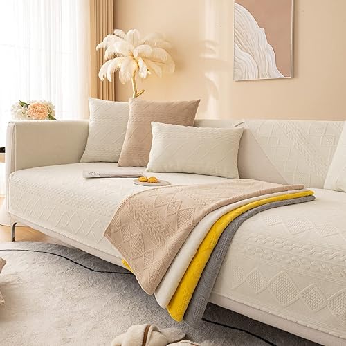 Miniatura 6 de vctops Funda de sofá de felpa geométrica bohemia con patrón de diamante, funda de sofá seccional peluda, funda antideslizante para sofá