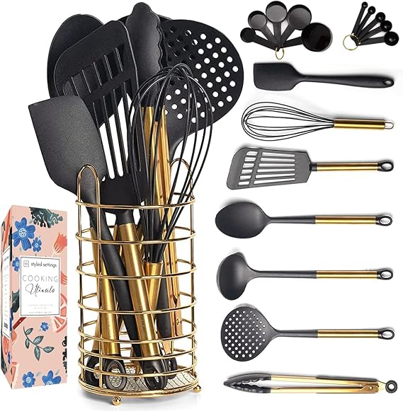 Black and Gold Kitchen Utensils with Stainless Steel Gold