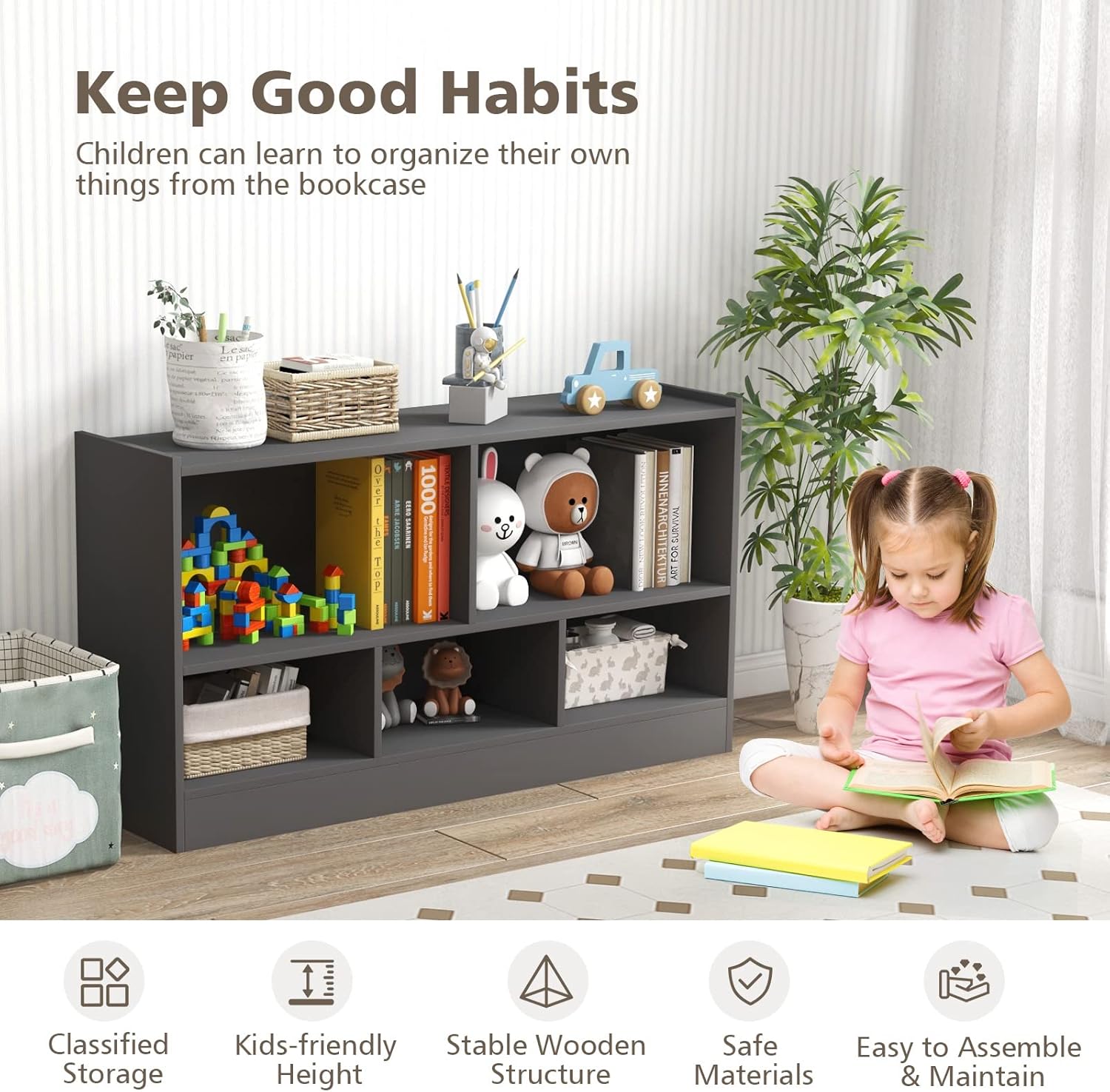 Toy Storage Organizer, 2-Tier Kids Bookshelf, 5 Cube Kids' Bookcases, Cabinets & Shelves, Wooden Toy Organizers, Small Book Shelf for Bedroom, Playroom, Classroom, Nursery (Gray)