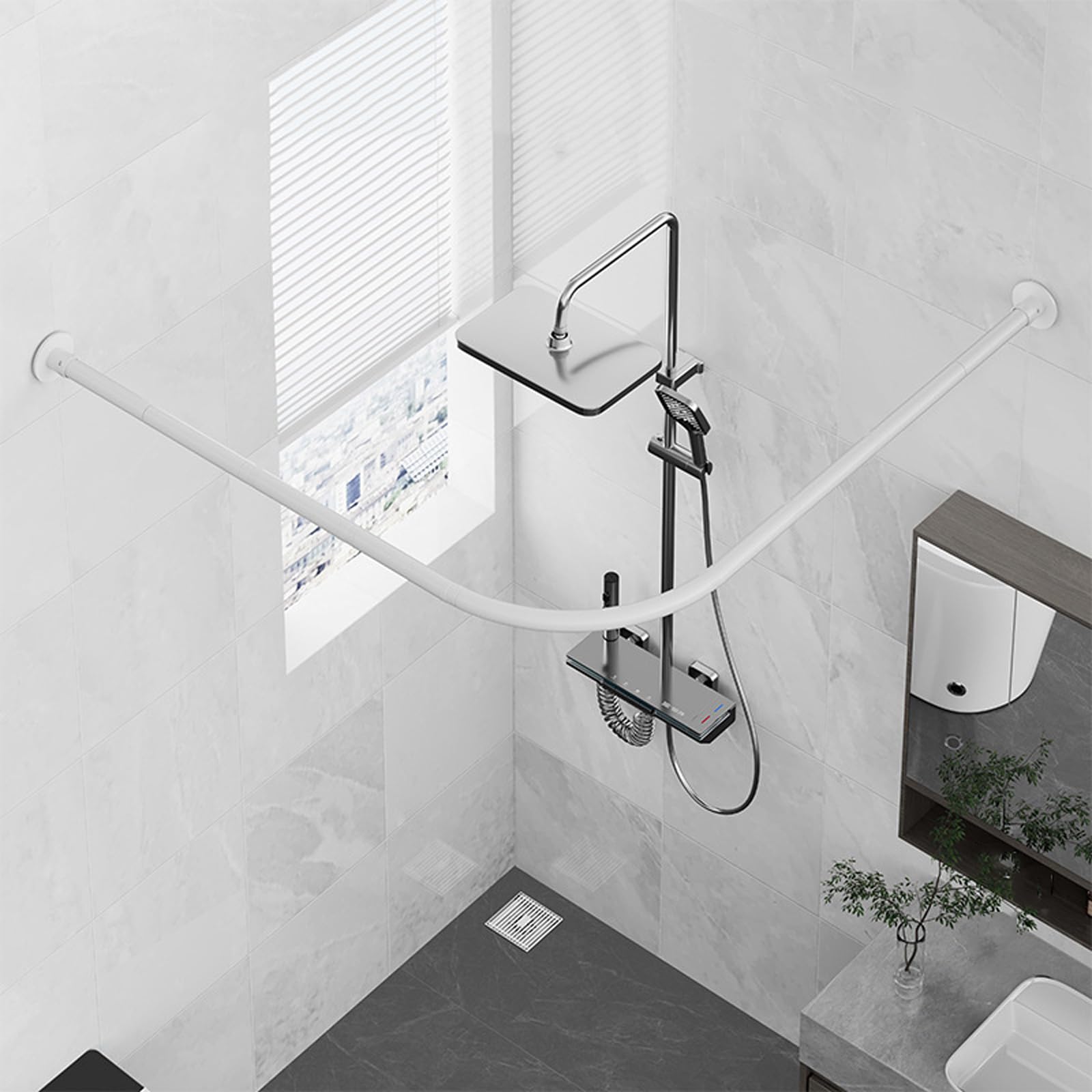 GLDYTVF L-Shaped Shower Curtain Rod, Corner Tension Rod, Rustproof Bathroom Curtain Pole, L-Shaped Shower Bar, Easy Install, Space-Saving for Bathroom
