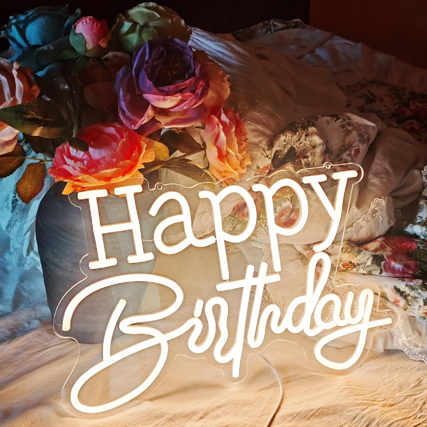 Happy Birthday Warm White LED Neon Sign for Wall Decoration Party Bedroom Room Bar Wedding Home Birthday Art Decoration Christmas Gift with USB Chain Light Modulator 5v 16.5"*10"